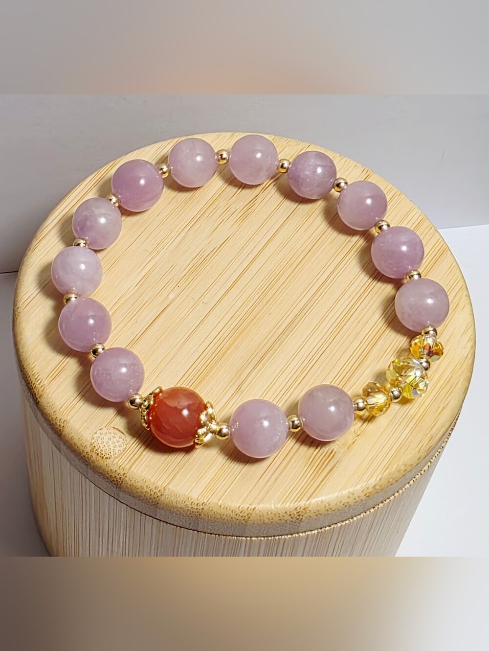 Kunzite and Yanyuan Beaded Stretch Bracelet with Gold Accents